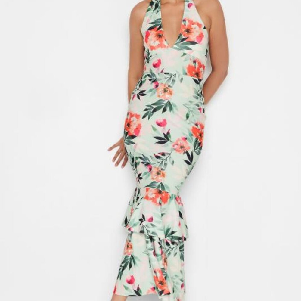 Long Tall Sally Bodycon Halter Maxi Dress 6 Tall Mint Green Floral Tiered Hem